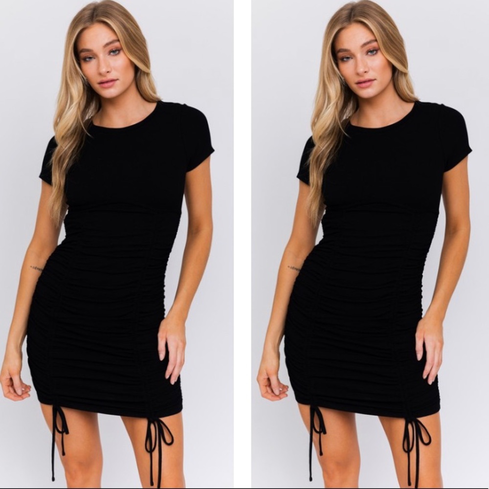 Black Short Sleeve Bodycon Ruched Mini Dress - Picture 1 of 6